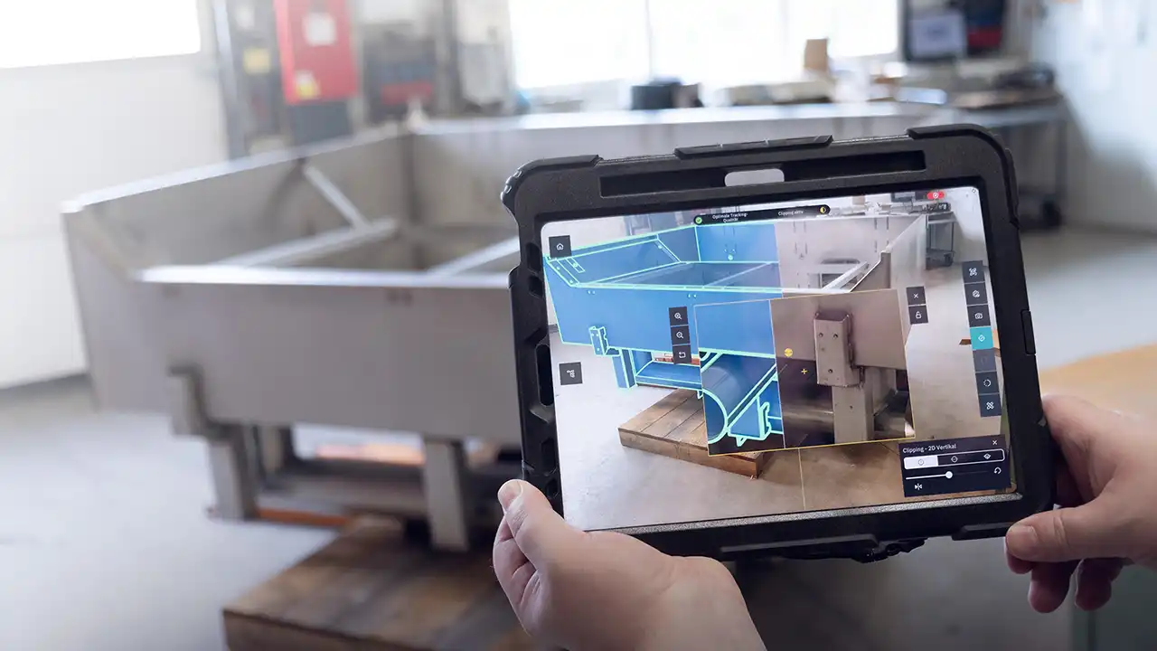 Tablet mit Twyn vergleicht ein reales Bauteil mit CAD-Daten bei einer visuellen Qualitätsinspektion bei MAFO.